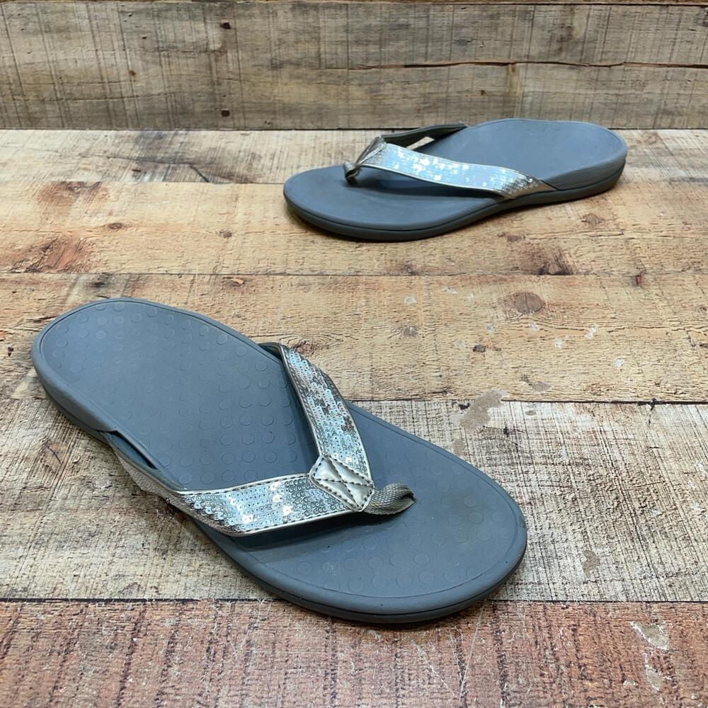Vionic Tide Sandals Womens Size 11 42 Silver Thong Sequin Wedge Comfort Shoes